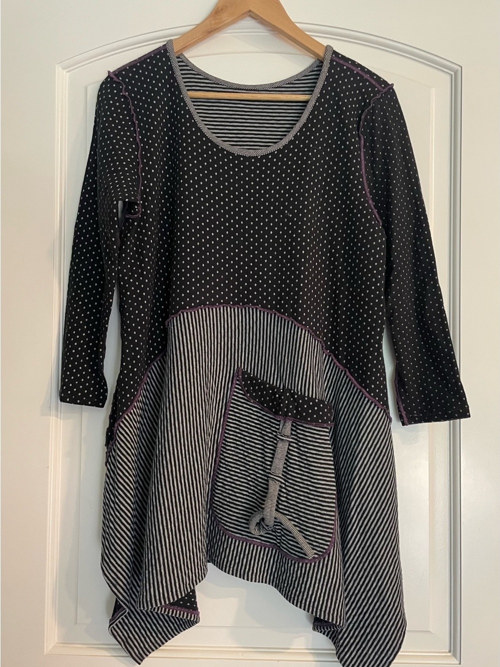 Noblu Whimsical Color Block Polka Dot Patchwork Artsy Tunic Asymmetrical Top S